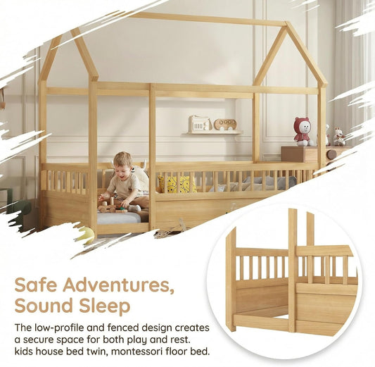 Natural Wooden Montessori Platform Bedstead With Fence - Playhouse - LumeraKids