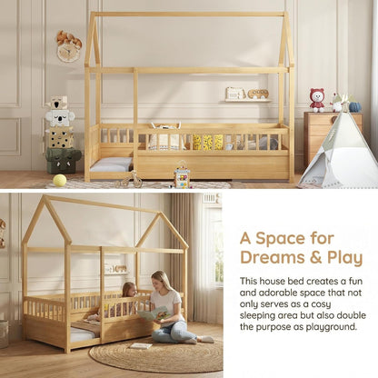 Natural Wooden Montessori Platform Bedstead With Fence